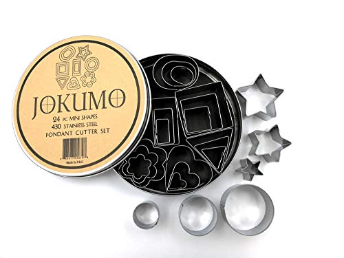 JOKUMO - Juego de cortadores de fondant de 24 piezas de acero inoxidable 430 para fondant y arcilla, estrellas, corazones, flores, 5 tipos de forma geométrica