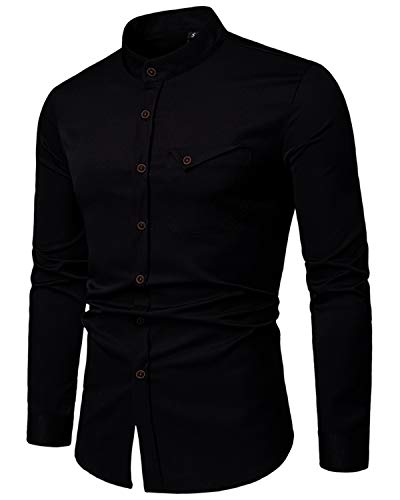 JOLIME Camisa Hombre con Cuello Mao Manga Larga Casual Formal Blusas Trabajo con Bolsillo Negro XL