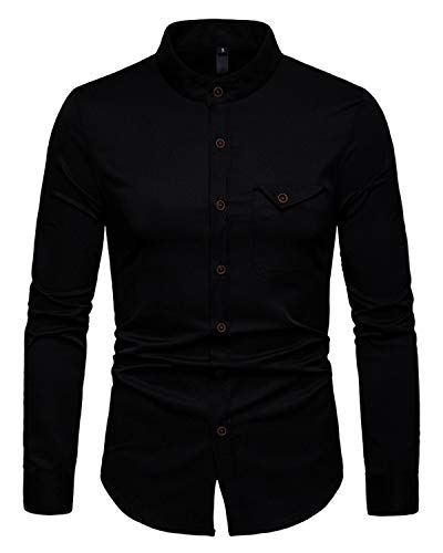 JOLIME Camisa Hombre con Cuello Mao Manga Larga Casual Formal Blusas Trabajo con Bolsillo Negro XL