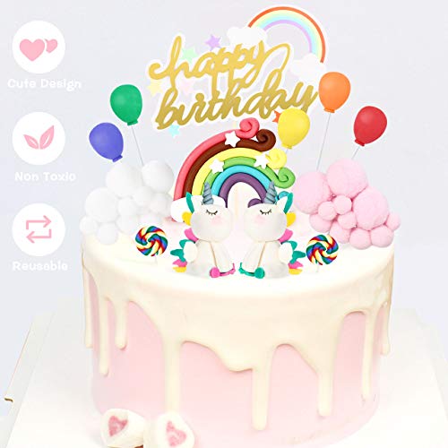 joylink Unicornio Decoracion Tarta, Unicornio Cake Toppers Kit Decoracion Tartas Cumpleaños Infantiles con Arcoiris, Nubes, Globos y Piruleta, Happy Birthday Cake Topper Set para Bebés, Niños, Niñas