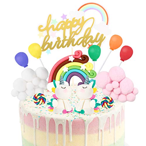 joylink Unicornio Decoracion Tarta, Unicornio Cake Toppers Kit Decoracion Tartas Cumpleaños Infantiles con Arcoiris, Nubes, Globos y Piruleta, Happy Birthday Cake Topper Set para Bebés, Niños, Niñas