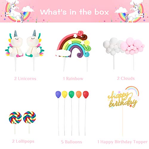 joylink Unicornio Decoracion Tarta, Unicornio Cake Toppers Kit Decoracion Tartas Cumpleaños Infantiles con Arcoiris, Nubes, Globos y Piruleta, Happy Birthday Cake Topper Set para Bebés, Niños, Niñas