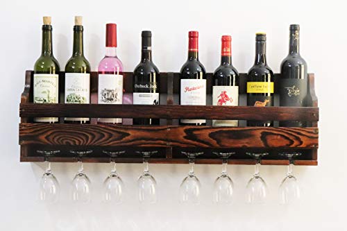 JRLinco Estante de Vino de Madera, Estante de exhibición de Vidrio de Vino y Botella de Vino, montado en la Pared, 8 Botellas 8 Soporte de Vidrio de Tallo Largo (Color Nogal carbón, 8 Botellas=80 cm)