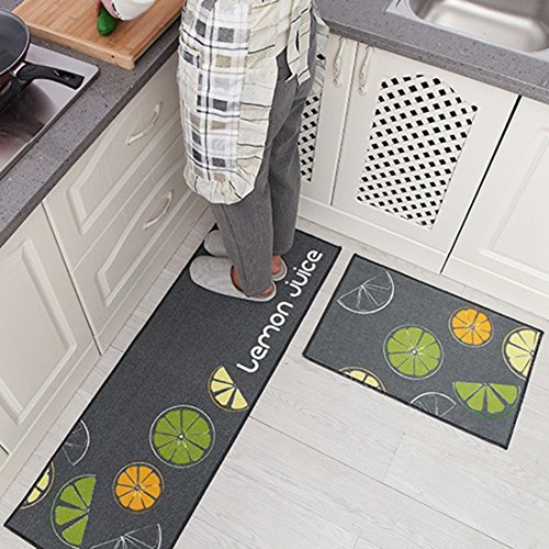 Jubang Juego de 2 Alfombras de Cocina Antideslizantes, Alfombrillas de Cocina de Poliéster Lavables Felpudos Cocina Dormitorio Baño Antifatiga Limón