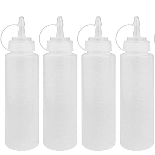 Juego de 4 botellas para condimentos y salsas con Tapa Botellas Plásticas de Cocina para Condimentos, Salsa de Tomate, Mostaza, Mayonesa, Aceite de Oliva, 8oz