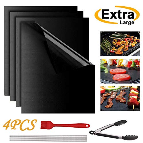 Juego de 4 esterillas para barbacoa, extra grandes (40 x 50 cm), antiadherentes para barbacoa y horneado, 10 brochetas + cepillo + pinzas, reutilizables, sin PFOA