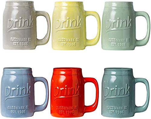 Juego de 6 Tazas de Albañilería con Mango - Tazas de Cerámica, Tazas Multicolores para Café, Té y Más - Tazas de Albañilería Decorativas de 445ml para Cerveza - Decoración de la Cocina de la Granja