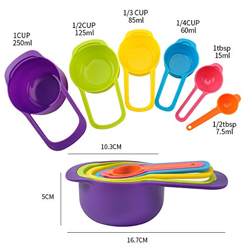 Juego de 6 tazas de medición y cucharas, cucharas medidoras de plástico, apilables para medir ingredientes secos y líquidos, ideal para hornear y cocinar (color al azar).