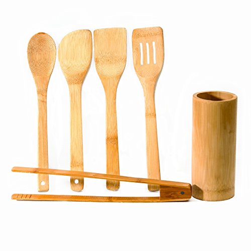 Juego de accesorios de cocina formado por 5 utensilios de bambú con su correspondiente soporte (2 espumaderas, 2 cucharones, pinzas para barbacoa)