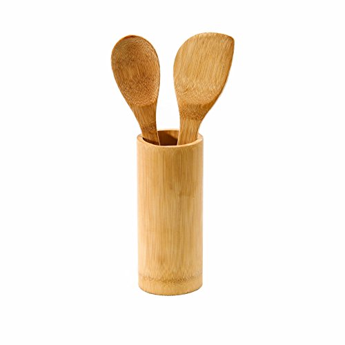 Juego de accesorios de cocina formado por 5 utensilios de bambú con su correspondiente soporte (2 espumaderas, 2 cucharones, pinzas para barbacoa)