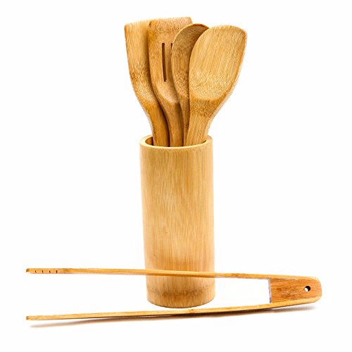 Juego de accesorios de cocina formado por 5 utensilios de bambú con su correspondiente soporte (2 espumaderas, 2 cucharones, pinzas para barbacoa)