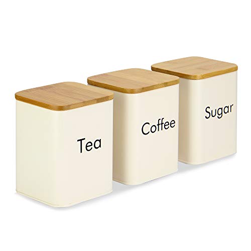 Juego de botes de cocina | Latas de té, café, azúcar y pan | Juego de contenedores de cocina con tapas de bambú | Contenedores de conserva de alimentos | M&W (4 Piezas)
