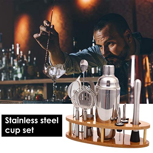 Juego De Coctelería De Acero Inoxidable Cocktail Shaker Set Mixer Drink Kit De Bartender Profesional Y Accesorios De Bartending, Juego De Herramientas Para Cóctel Con Soporte De Exhibición De Madera