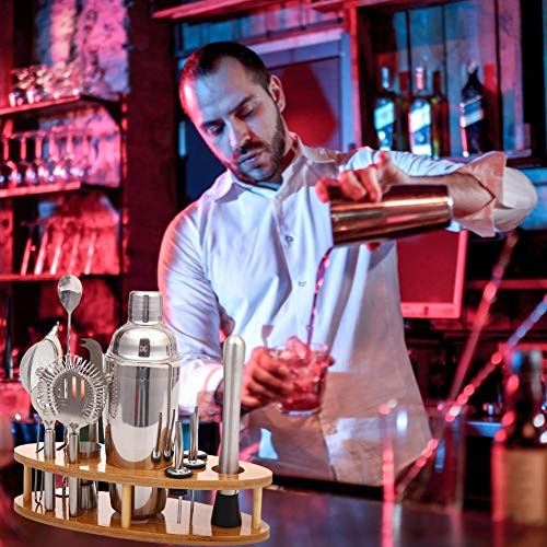 Juego De Coctelería De Acero Inoxidable Cocktail Shaker Set Mixer Drink Kit De Bartender Profesional Y Accesorios De Bartending, Juego De Herramientas Para Cóctel Con Soporte De Exhibición De Madera