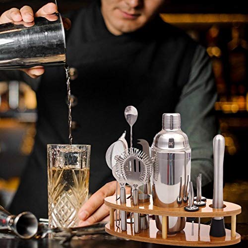 Juego De Coctelería De Acero Inoxidable Cocktail Shaker Set Mixer Drink Kit De Bartender Profesional Y Accesorios De Bartending, Juego De Herramientas Para Cóctel Con Soporte De Exhibición De Madera