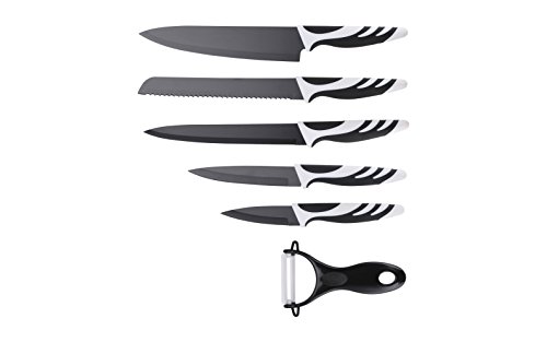 Juego de cuchillos de cocina incluye 5 cuchillos antiadherentes, calidad mundial, chef, para pan, cuchillo de utilidad con una vaina para cada uno, pelador de cerámica 11 piezas.