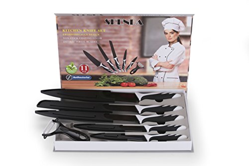 Juego de cuchillos de cocina incluye 5 cuchillos antiadherentes, calidad mundial, chef, para pan, cuchillo de utilidad con una vaina para cada uno, pelador de cerámica 11 piezas.