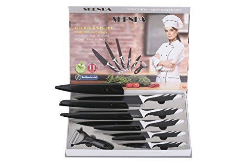 Juego de cuchillos de cocina incluye 5 cuchillos antiadherentes, calidad mundial, chef, para pan, cuchillo de utilidad con una vaina para cada uno, pelador de cerámica 11 piezas.