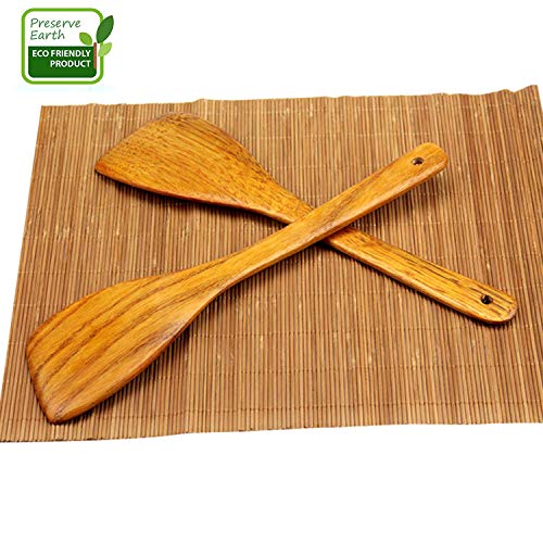 Juego de espátulas de madera de 2 piezas para cocinar - Espátula de cocina de madera con mango largo de 30 cm Madera dura Ideal para sartenes, utensilios de cocina y wok