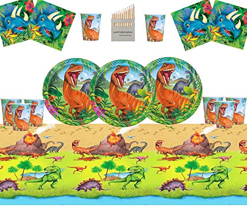 Juego de Suministros para la Fiesta de Dinosaurios Juego de decoración de la Fiesta de cumpleaños de Dinosaurios para 16- Dino Plate Cup Servilletas Cubierta de Tabla