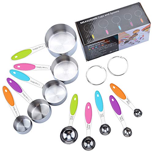 Juego de Tazas y Cucharas Medidoras de Acero Inoxidable, 5 Tazas Medidoras y 5 Cucharas Medidoras Silicona Antideslizante Utensilios de Cocina con 2 Anillos en O (10 Piezas)