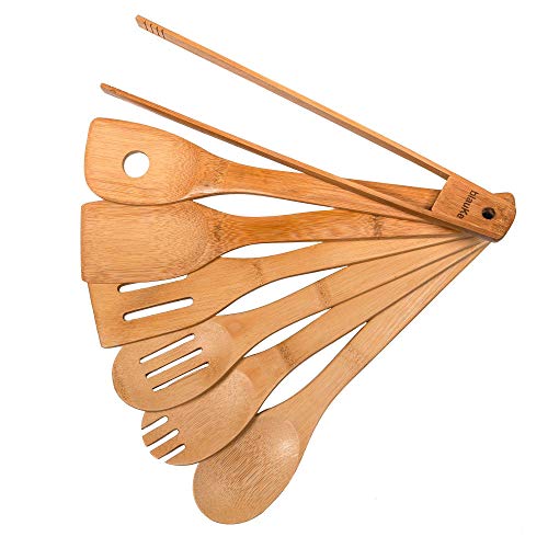 Juego de Utensilios de Cocina de Bambú - Set de 7 Utensilios de Cocina de Madera (Cucharas, Espátulas, Tenedor y Pinzas de Bambú) - Juego de Utensilios de Cocina Hechos de Bambú Natural - BlauKe