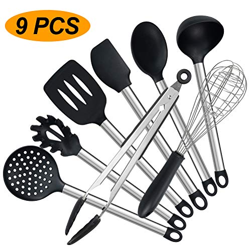 Juego de utensilios de cocina, juego de 9 piezas de utensilios de cocina, silicona antiadherente, resistente al calor, con mango de acero inoxidable (sin BPA)