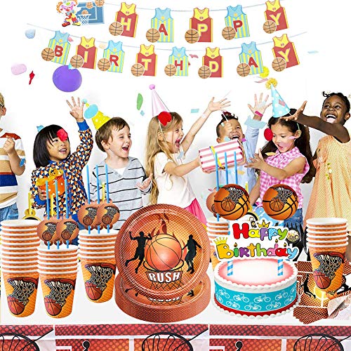 Juego de Vajilla de Fiesta, BESTZY Vajilla de Baloncesto Desechable，Incluye Platos Vasos Servilletas Mantel y Banner, para Tema Deportivo, Cumpleaños de Niños (37 piezas)