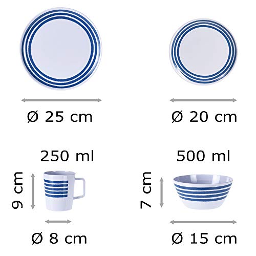 Juego de vajilla de melamina para 4 personas, 16 piezas, diseño moderno, color azul a rayas