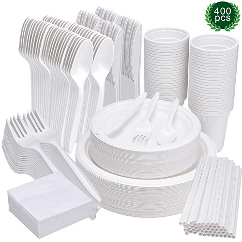 Juegos de vajilla desechables de 400 piezas, Platos biodegradable Compostable Ecológico Kit de vajilla de bagazo de caña de azúcar Incluye platos Servilletas Cuchillos Tenedores Cucharas Tazas Pajitas