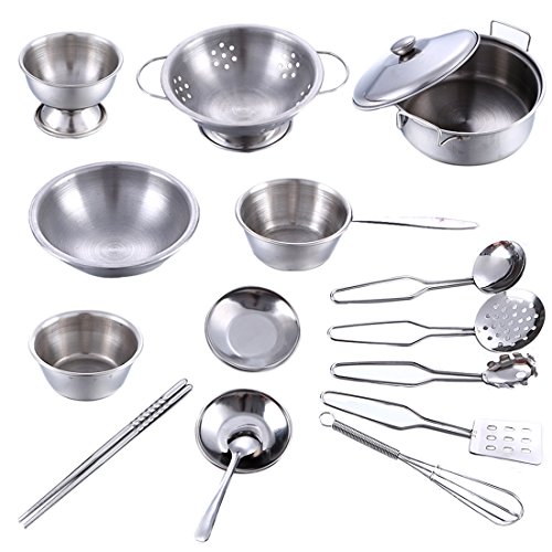 Juguetes de Cocina, Wolfbush 16Pcs Acero Inoxidable Utensilios de Cocina Culinario Simulación Niños Casa Interesante Playset - Plata