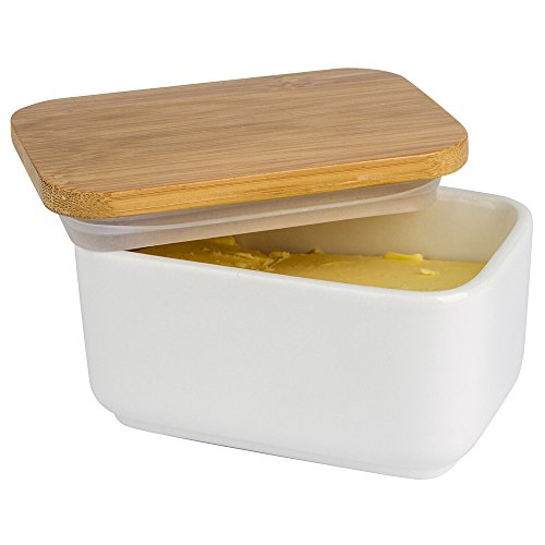 JulaJuyo - Mantequera con tapa, porcelana blanca, con tapa de bambú, mantequilla para mantener la mantequilla con tapa, resistente al calor, para la cocina, organización de almacenamiento 300 ml