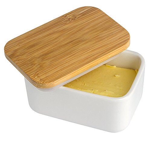 JulaJuyo - Mantequera con tapa, porcelana blanca, con tapa de bambú, mantequilla para mantener la mantequilla con tapa, resistente al calor, para la cocina, organización de almacenamiento 300 ml