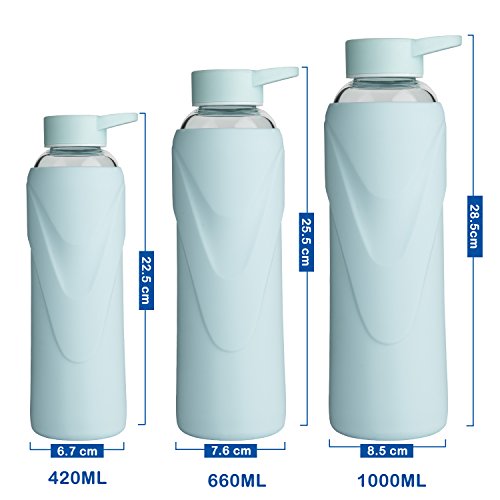 Justfwater Deporte Botella de Agua de Cristal con Funda de Silicona 420 ML