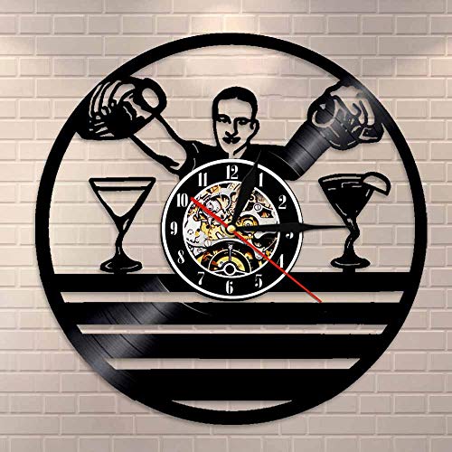 JXCDNB Bartender Bar Bar Bar Bar Bar Listado de Empresas Licor Cocktail Wall Art Retro Reloj de Pared Reloj de Pared de Vinilo Hecho a Mano Grabar Decoración de la Pared del hogar 12 Pulgadas