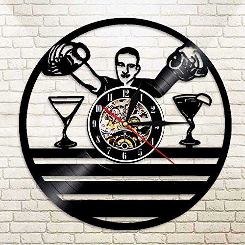 JXCDNB Bartender Bar Bar Bar Bar Bar Listado de Empresas Licor Cocktail Wall Art Retro Reloj de Pared Reloj de Pared de Vinilo Hecho a Mano Grabar Decoración de la Pared del hogar 12 Pulgadas