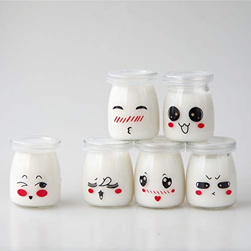 JXY Tarros para Yogur o Crema Postre (Cristal con Escenario Emoticono y Tapa, Capacidad 100 ml