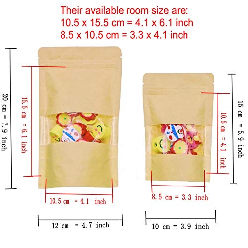 JZK 100 x Resellable bolsas de papel kraft marrón con ventana cierre zip para llevar comida almuerzo fruta pan dulces galleta sándwichera, 50 pcs 10x15 cm + 50 pcs 12x20 cm