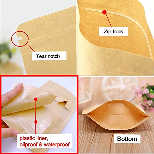 JZK 100 x Resellable bolsas de papel kraft marrón con ventana cierre zip para llevar comida almuerzo fruta pan dulces galleta sándwichera, 50 pcs 10x15 cm + 50 pcs 12x20 cm