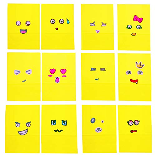 JZK 25 x Bolsas de Regalo Papel Amarillo con Divertidos emoticonos Pegatinas para Fiesta cumpleaños de los niños Detalles Comida Aperitivos Pan Bolsas Dulces