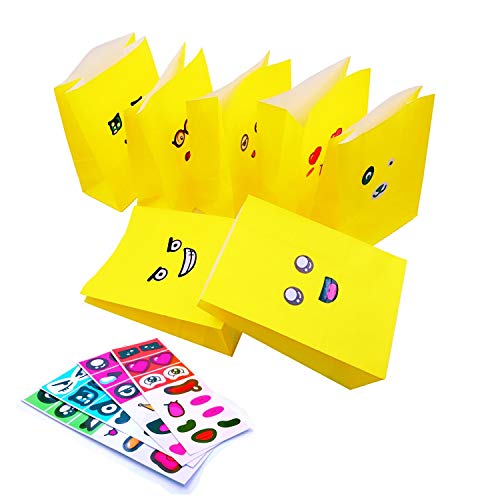 JZK 25 x Bolsas de Regalo Papel Amarillo con Divertidos emoticonos Pegatinas para Fiesta cumpleaños de los niños Detalles Comida Aperitivos Pan Bolsas Dulces