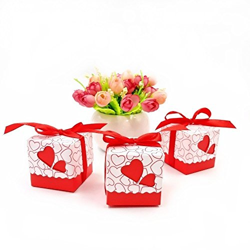 JZK 50 x Caja para caramelos regalo bombones recuerdos bautizos bodas con cinta para boda cumpleaños fiesta bienvenida bebé sagrada comunión detalle, rojo Corazón