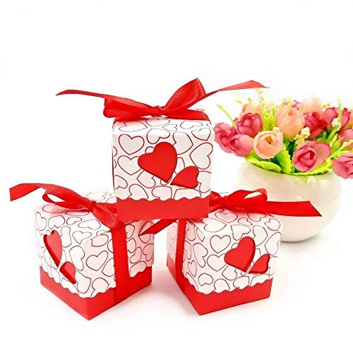 JZK 50 x Caja para caramelos regalo bombones recuerdos bautizos bodas con cinta para boda cumpleaños fiesta bienvenida bebé sagrada comunión detalle, rojo Corazón