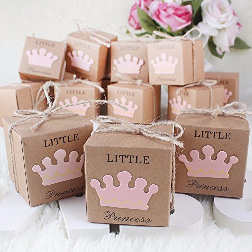 JZK 50 x Little Princess cajitas regalo papel kraft marrón cajas de detalle para niña baby shower fiesta cumpleaños bautizo niños fiesta recién nacida