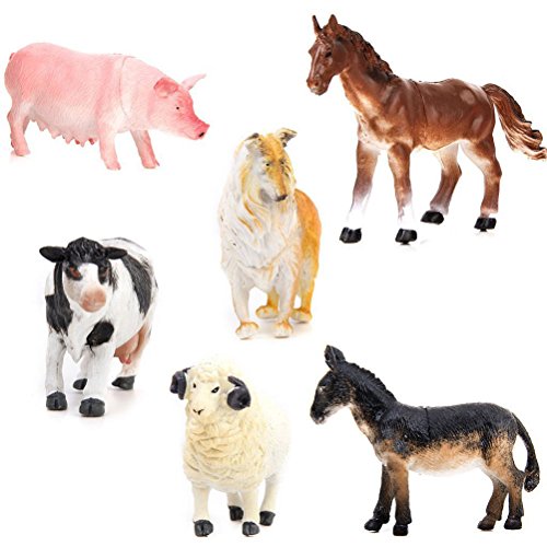 JZK 6 Conjunto Animales Juguete Collie Cerdo Vaca Caballo Burro Oveja, Juguetes portátiles para el baño playset para niños Regalo cumpleaños para niños pequeños Chicos Chicas niños