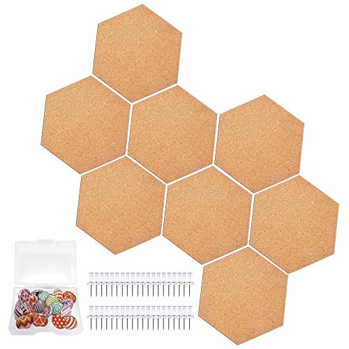 Kaari 8 Pieza Hexágono Tablero Corcho,para decoración del hogar y memorándum de oficina, con 60 unidades de chinchetas