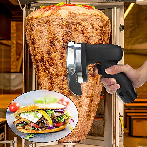 Kacsoo Cuchillo inalámbrico Kewar Shawarma Doner Kebab Portátil Inalámbrico Eléctrico Acero Inoxidable Cortador de Kebab Turco de Mano Cortador Profesional Espesor 0-8 mm con 2 Cuchillas