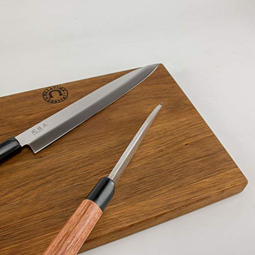 Kai Seki Magoroku Redwood Juego de cuchillos | 1 Yanagiba (Sushi), hoja de 24 cm + 1 Deba (cuchillo de pescado) 15,5 cm + tabla de cortar grande de roble (34 x 21 cm) | VK: 194,90 €