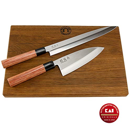 Kai Seki Magoroku Redwood Juego de cuchillos | 1 Yanagiba (Sushi), hoja de 24 cm + 1 Deba (cuchillo de pescado) 15,5 cm + tabla de cortar grande de roble (34 x 21 cm) | VK: 194,90 €