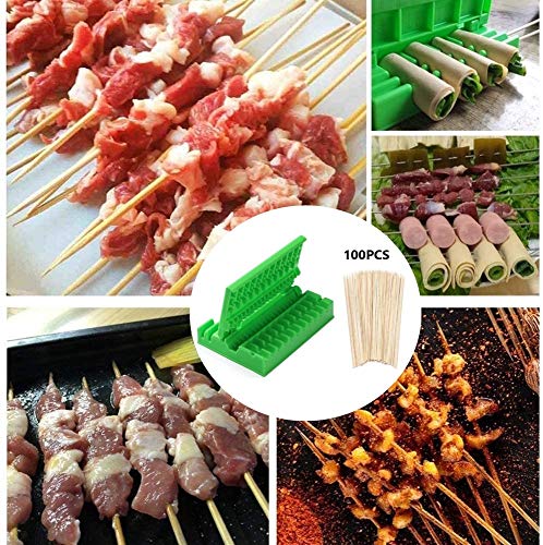 KAISHUAI BBQ Kebab Maker, Pinchos Barbacoa，1 Pc 3-en-1 Máquina De Brocheta De Carne De Doble Fila Herramientas De Barbacoa Accesorios De Cocina Al Aire Libre 100 x Mini brochetas de Madera de bambú